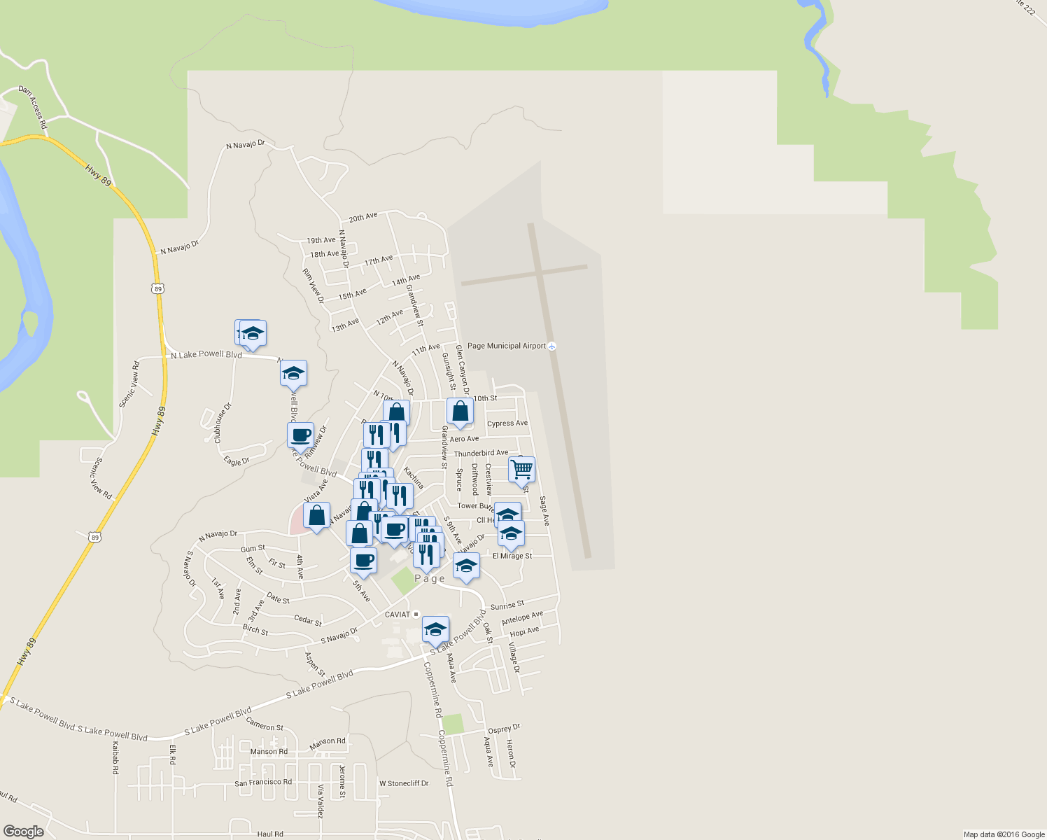 map of restaurants, bars, coffee shops, grocery stores, and more near 915 Ponderosa St in Page