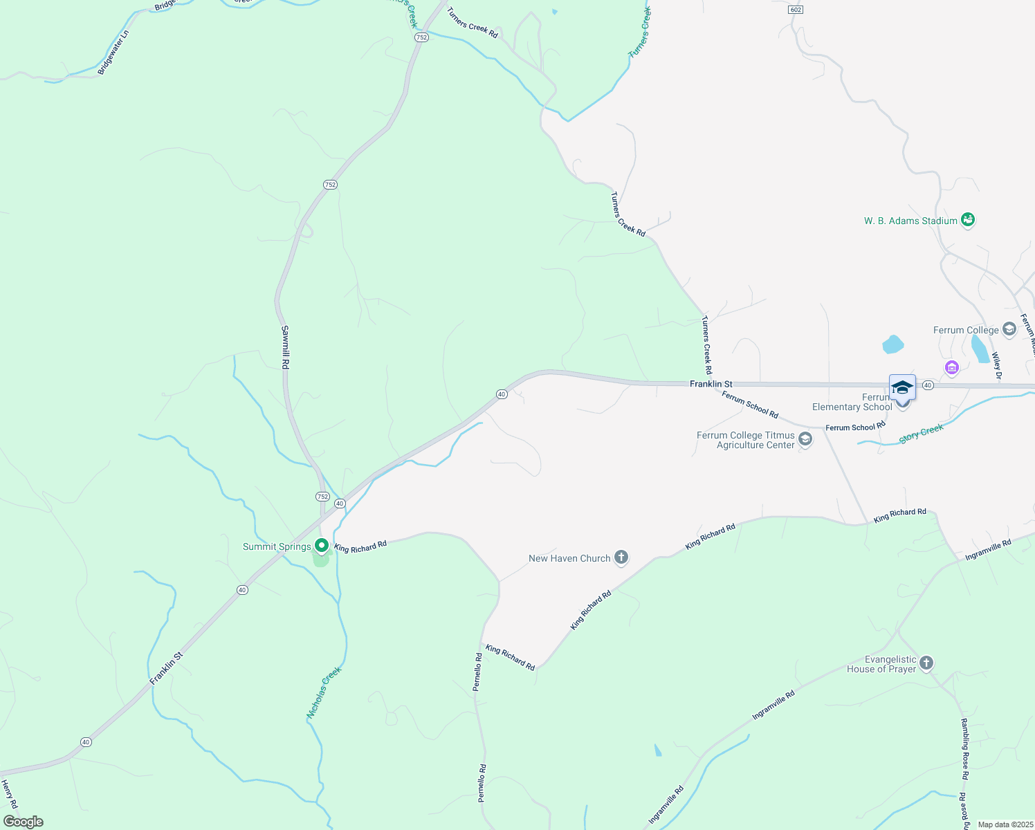 map of restaurants, bars, coffee shops, grocery stores, and more near 100 Ridgefield Lane in Ferrum
