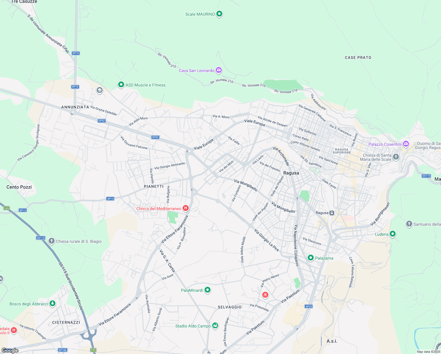map of restaurants, bars, coffee shops, grocery stores, and more near 104 Via dell'Olivo in Ragusa