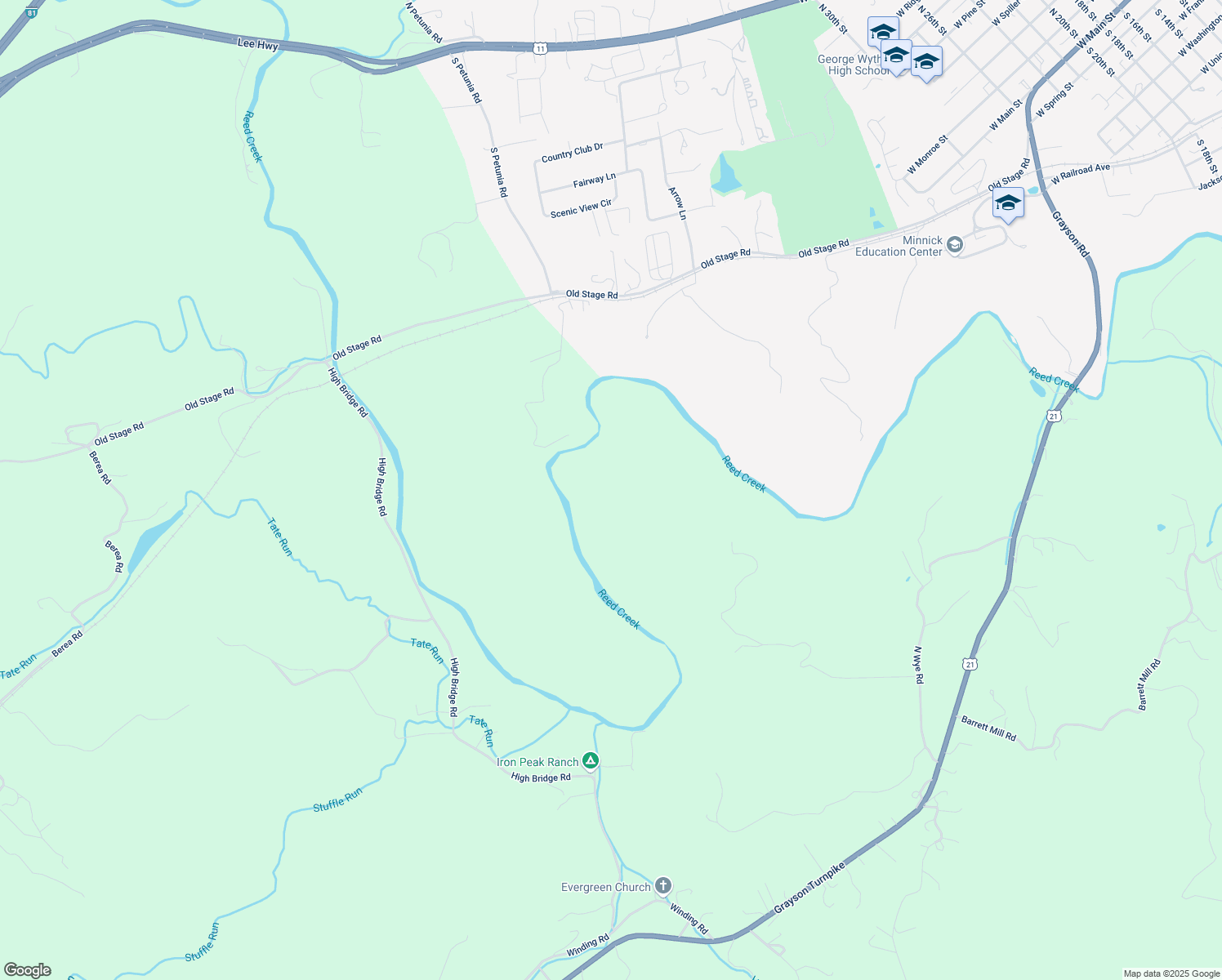 map of restaurants, bars, coffee shops, grocery stores, and more near 490 Mountain View Drive in Wytheville