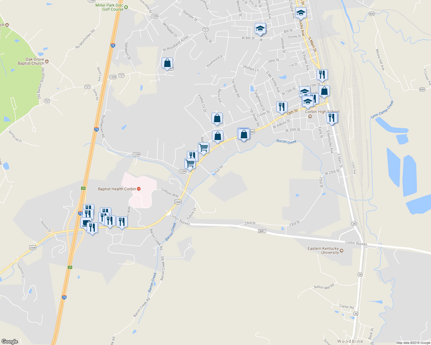 map of restaurants, bars, coffee shops, grocery stores, and more near 125 Steel Road in Corbin