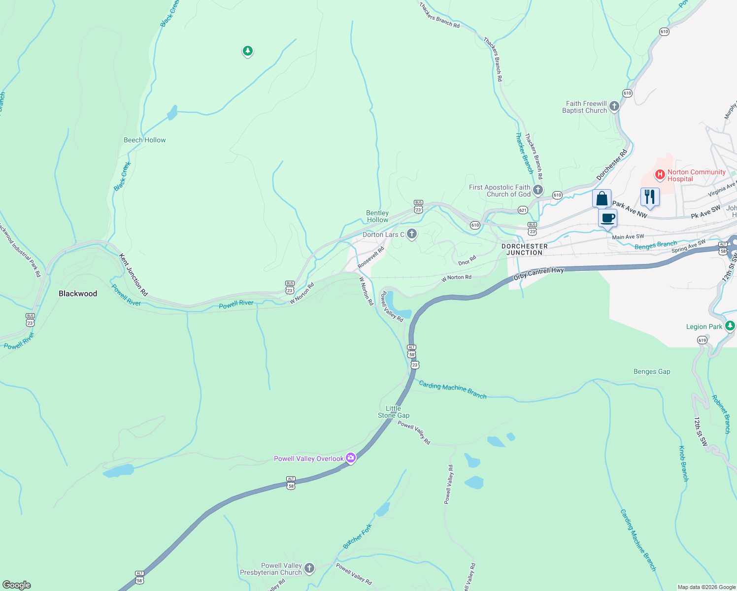 map of restaurants, bars, coffee shops, grocery stores, and more near 6225 West Norton Road in Norton