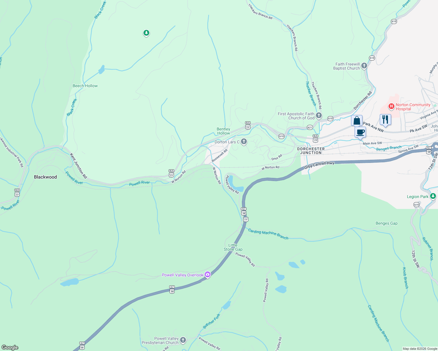 map of restaurants, bars, coffee shops, grocery stores, and more near 6225 West Norton Road in Norton