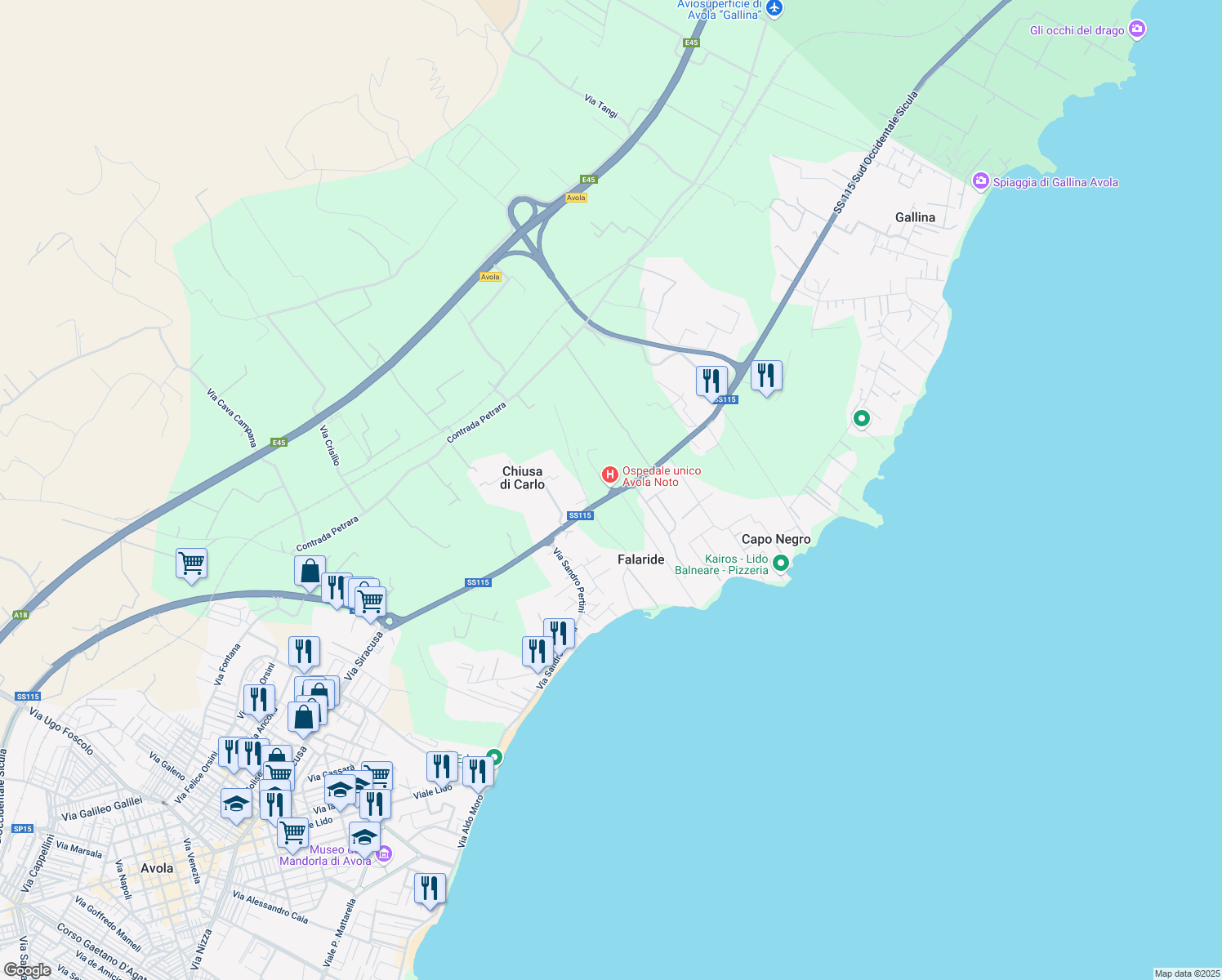 map of restaurants, bars, coffee shops, grocery stores, and more near Strada Statale 115 in Provincia di Siracusa
