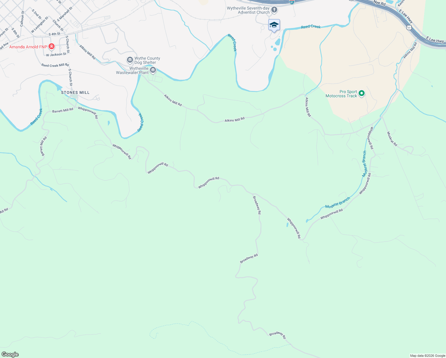 map of restaurants, bars, coffee shops, grocery stores, and more near Whipoorwill Road in Wytheville