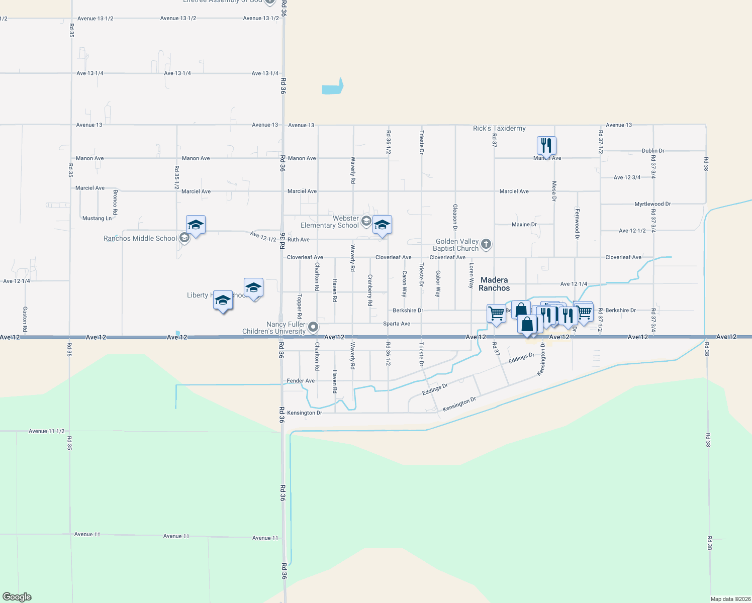 map of restaurants, bars, coffee shops, grocery stores, and more near 12171 Cranberry Road in Madera