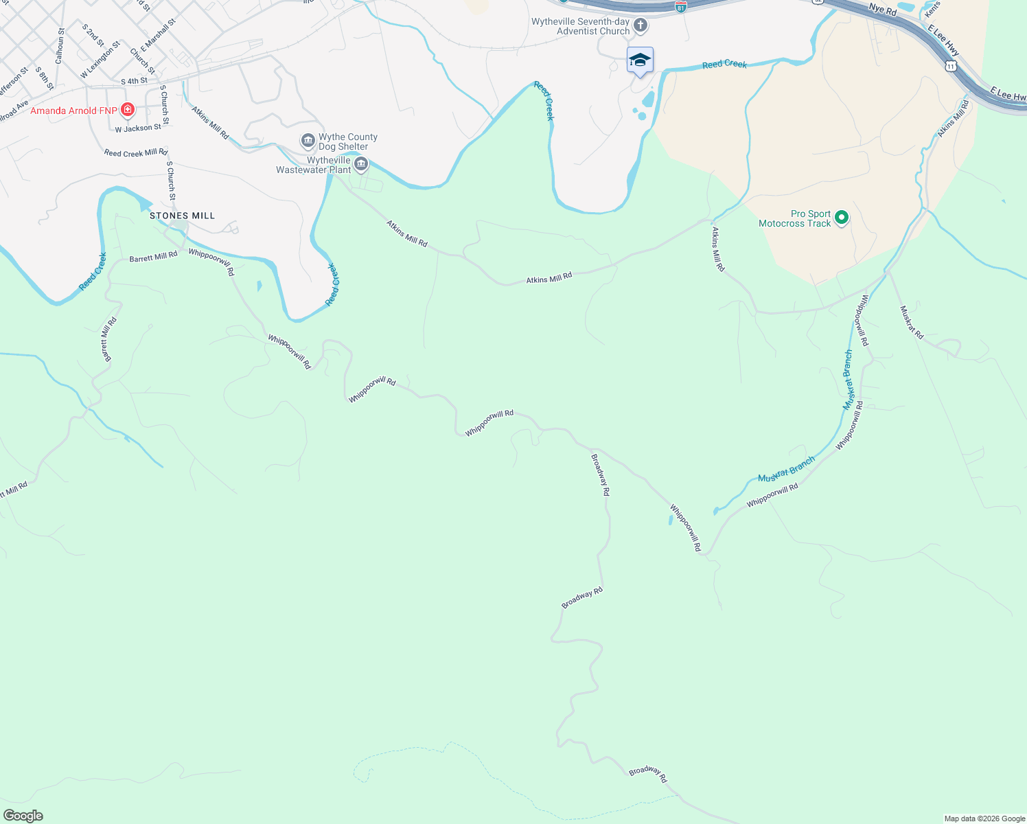 map of restaurants, bars, coffee shops, grocery stores, and more near Whipoorwill Road in Wytheville
