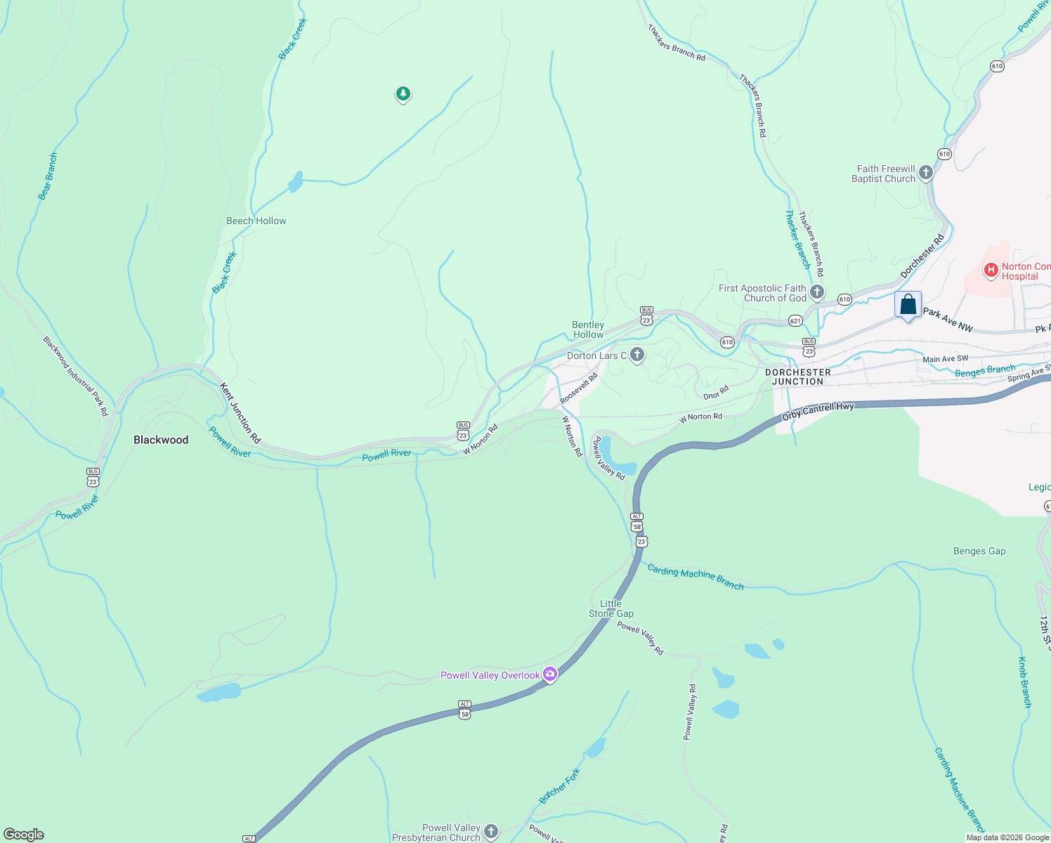 map of restaurants, bars, coffee shops, grocery stores, and more near 4215 Freedom Lane in Norton