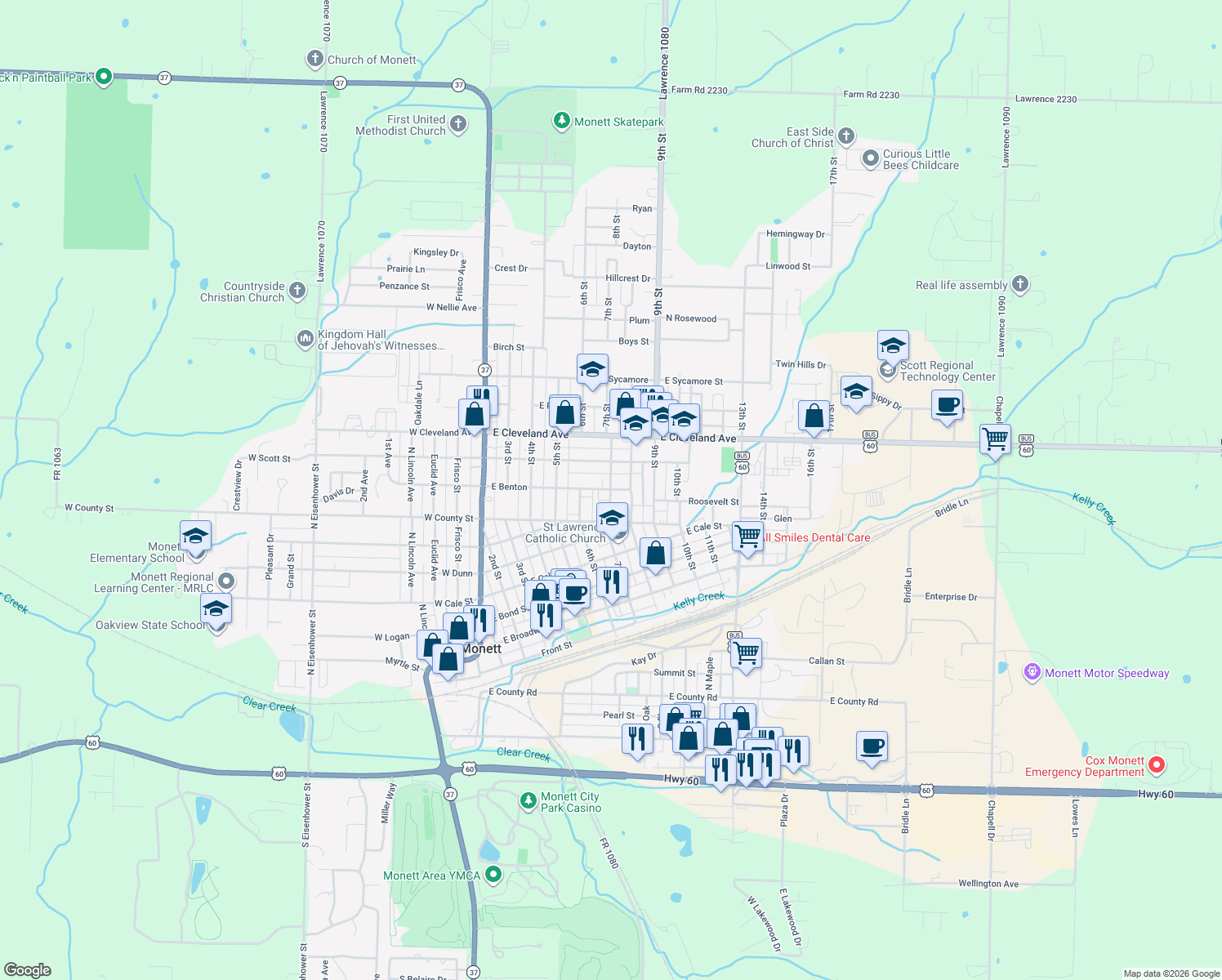 map of restaurants, bars, coffee shops, grocery stores, and more near 698 7th St in Monett