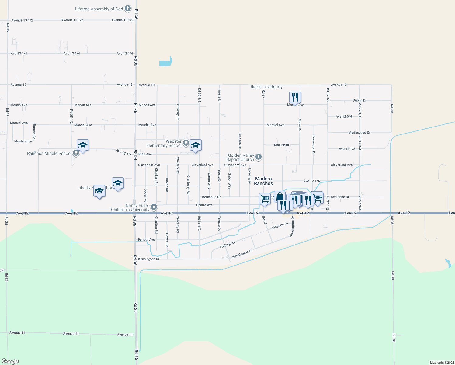map of restaurants, bars, coffee shops, grocery stores, and more near 12236 Gabor Way in Madera