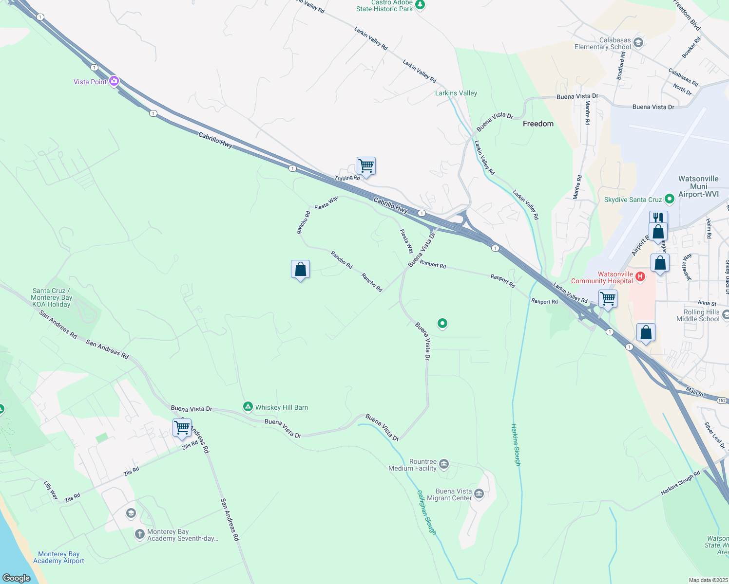 map of restaurants, bars, coffee shops, grocery stores, and more near 53 Rancho Road in Watsonville