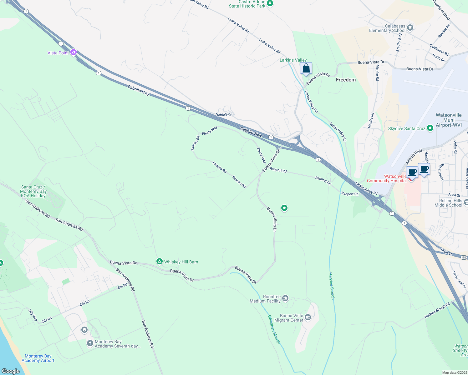map of restaurants, bars, coffee shops, grocery stores, and more near 53 Rancho Road in Watsonville