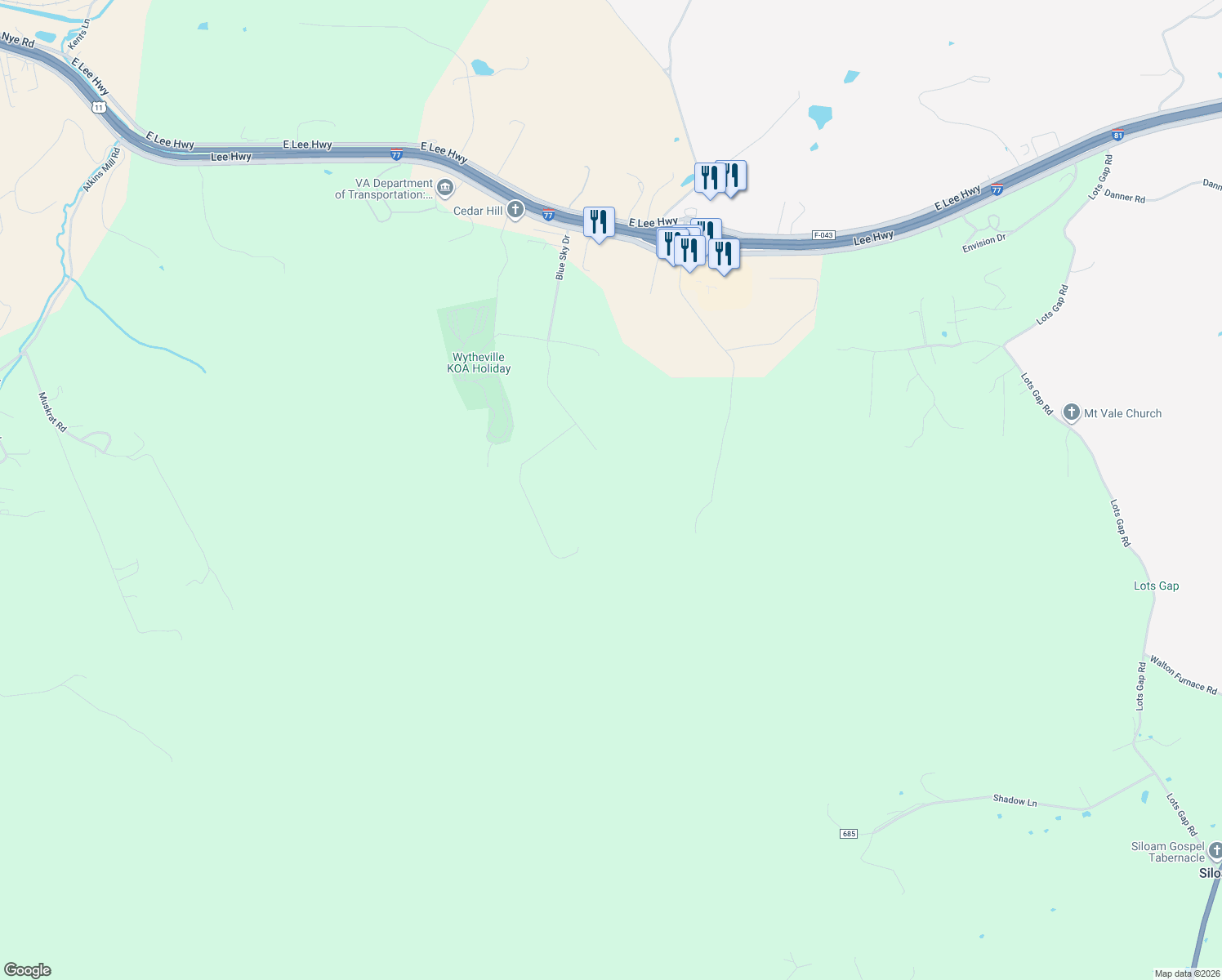 map of restaurants, bars, coffee shops, grocery stores, and more near 385 Blue Sky Drive in Wytheville