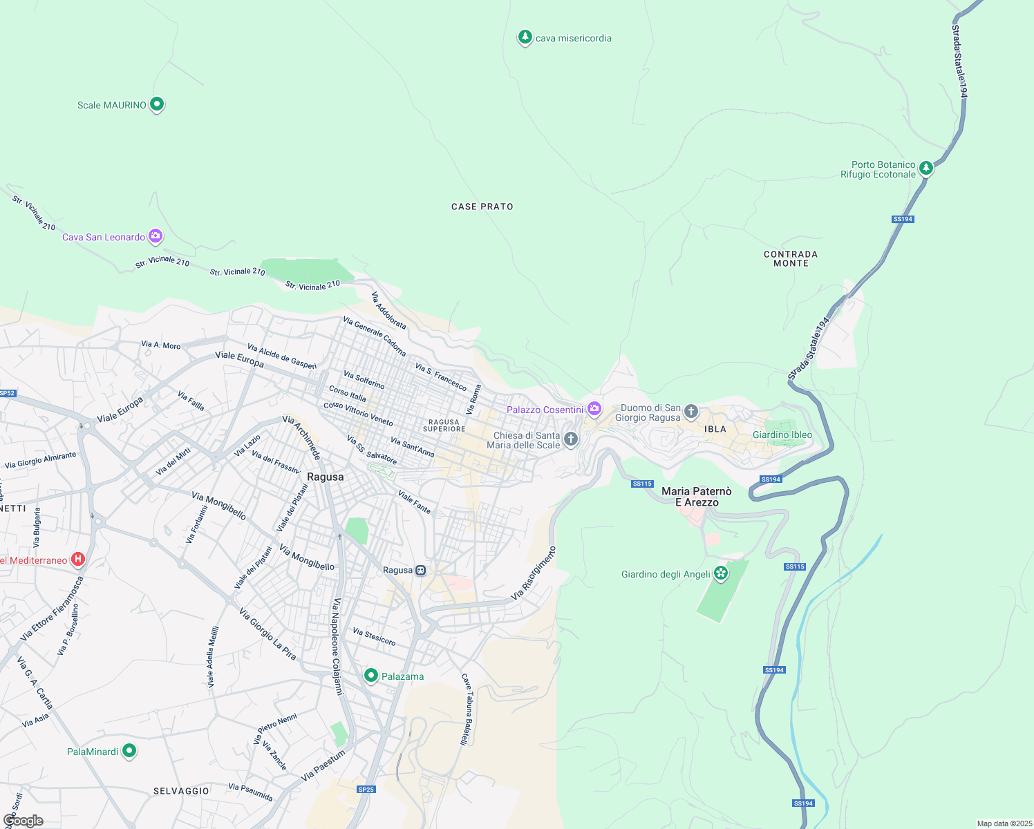 map of restaurants, bars, coffee shops, grocery stores, and more near 93 Via Giambattista Odierna in Ragusa
