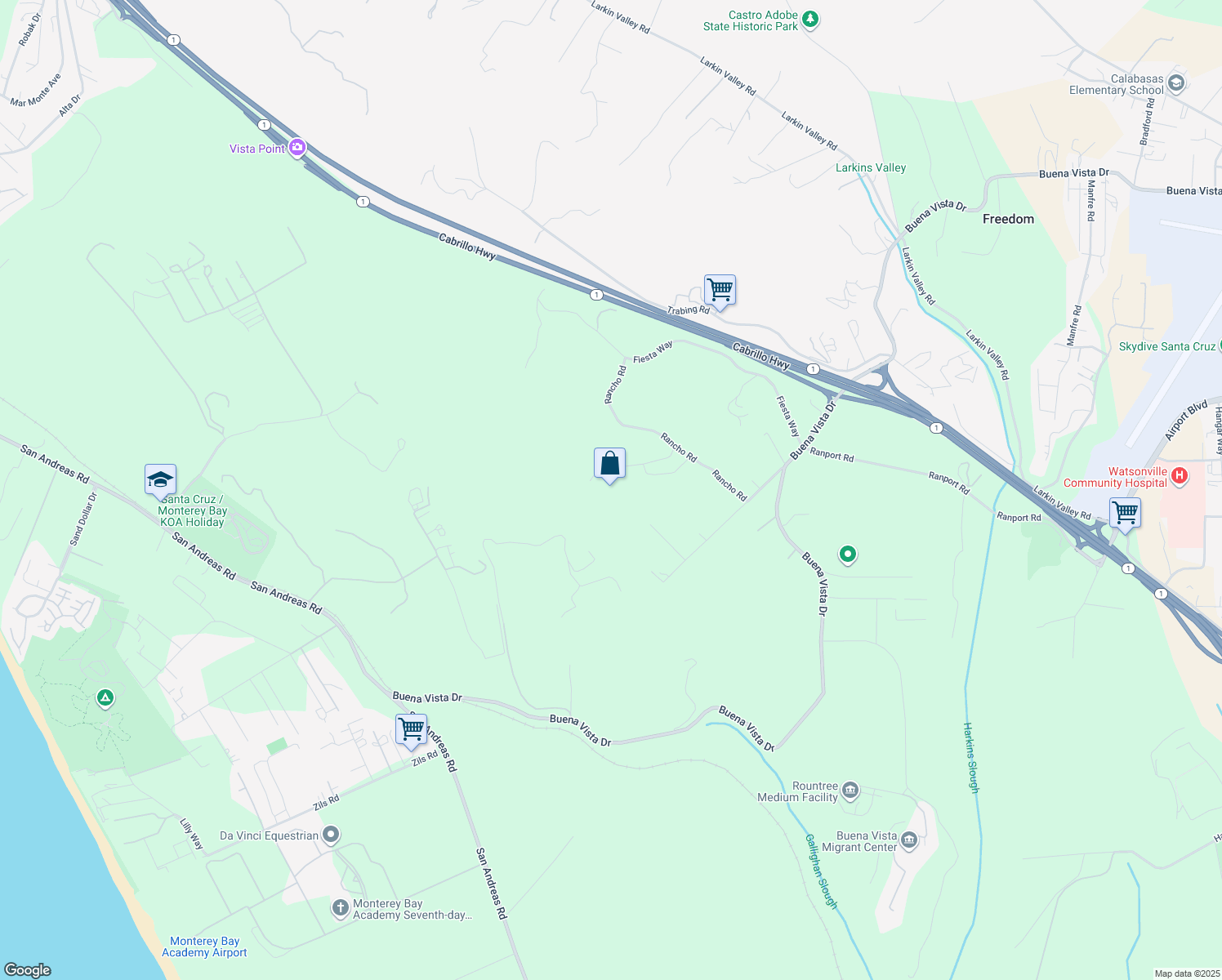map of restaurants, bars, coffee shops, grocery stores, and more near 117 Rancho Road in Watsonville