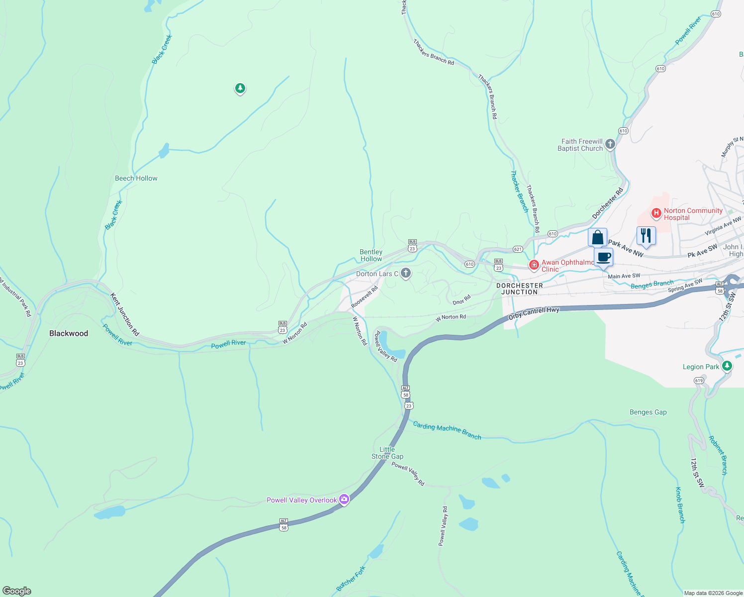 map of restaurants, bars, coffee shops, grocery stores, and more near 6222 Roosevelt Road in Norton