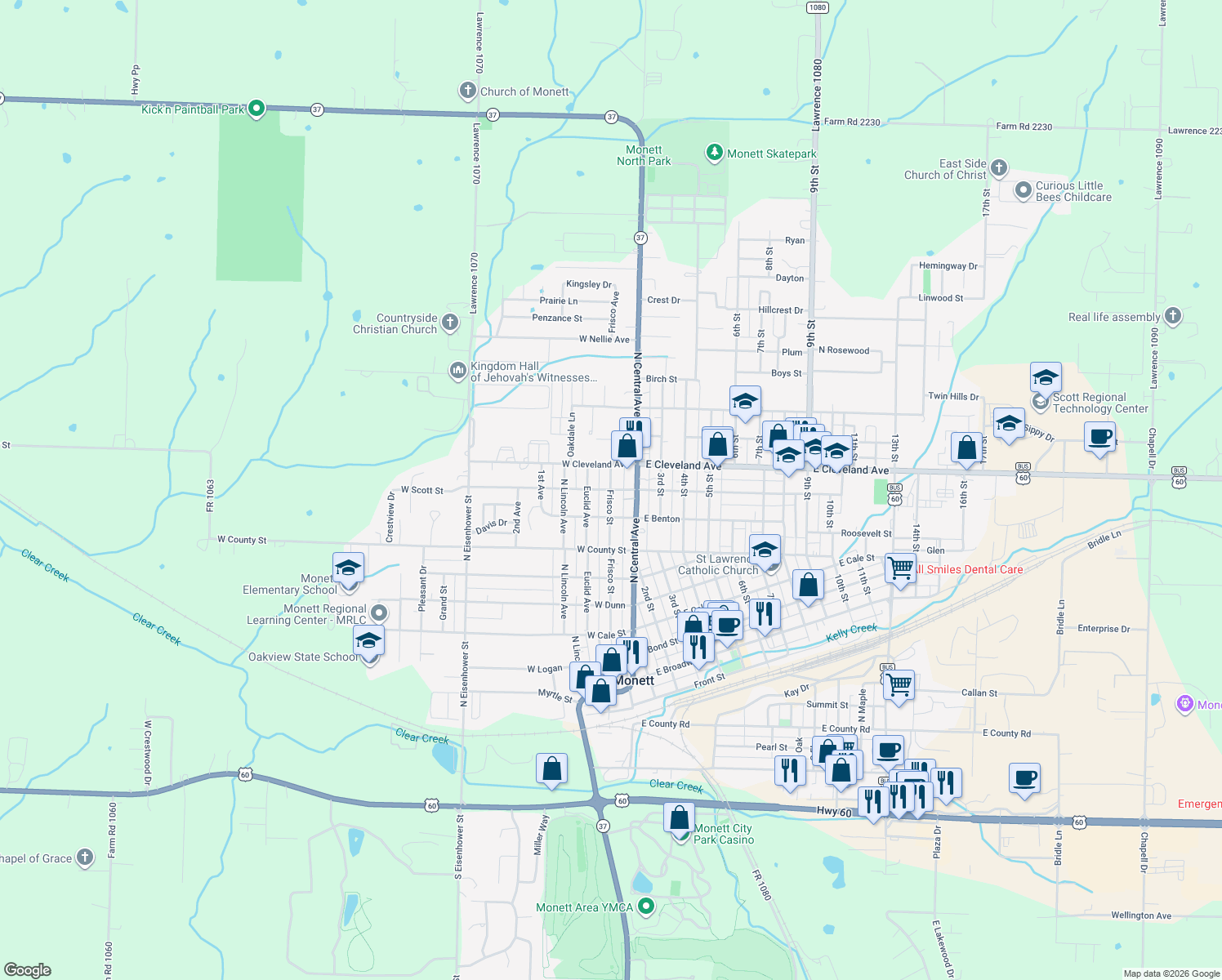 map of restaurants, bars, coffee shops, grocery stores, and more near 899 Frisco Avenue in Monett