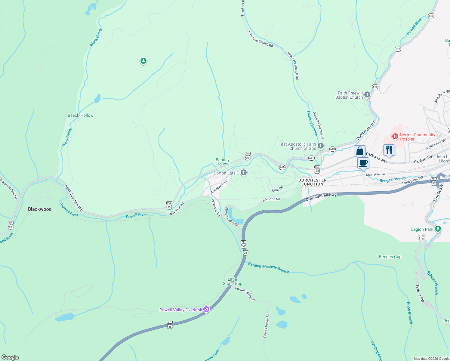 map of restaurants, bars, coffee shops, grocery stores, and more near 6252 Josephine Road in Norton