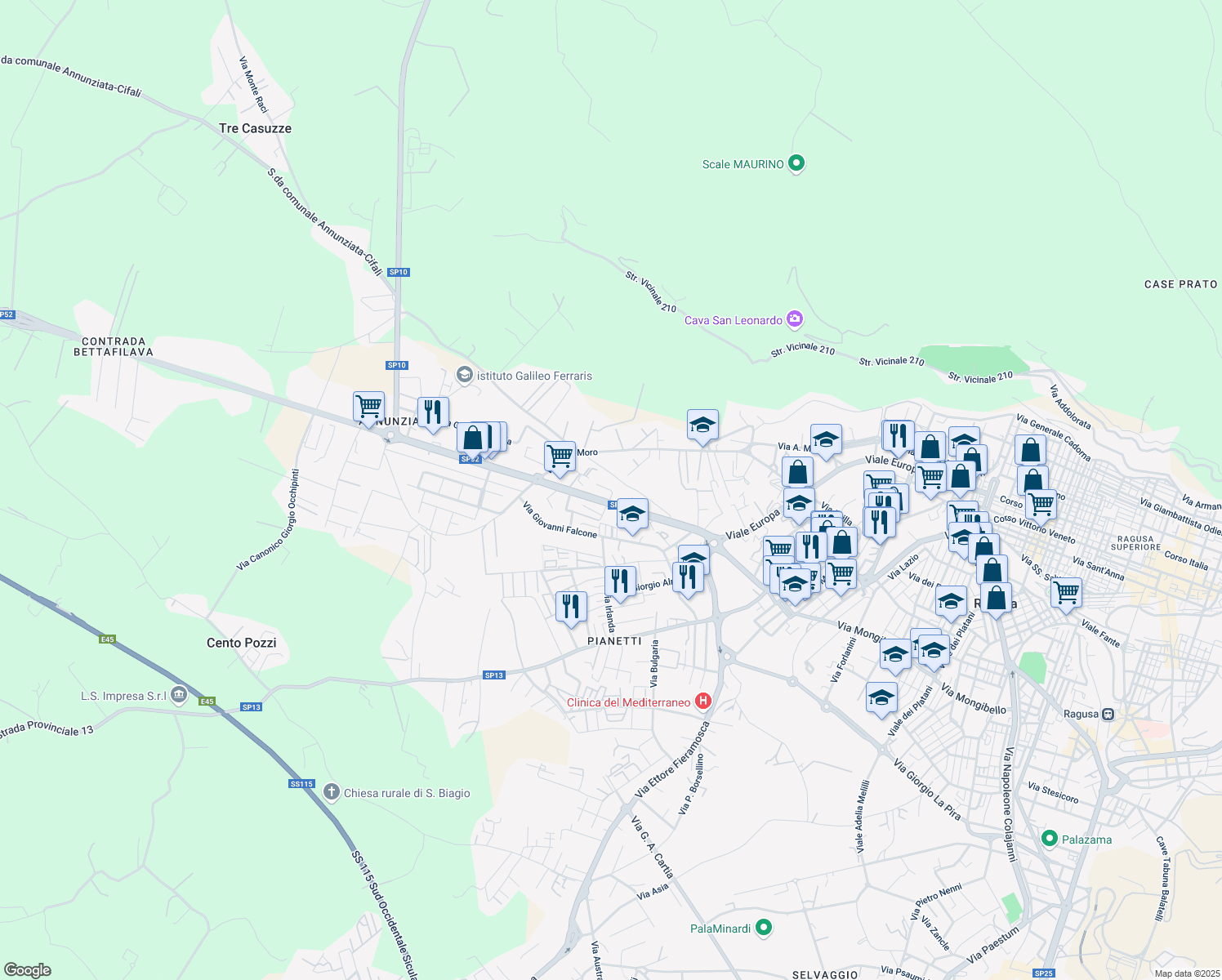 map of restaurants, bars, coffee shops, grocery stores, and more near Via Svezia in Ragusa