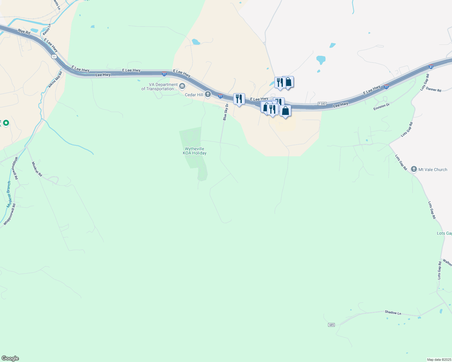 map of restaurants, bars, coffee shops, grocery stores, and more near 385-387 Blue Sky Drive in Wytheville