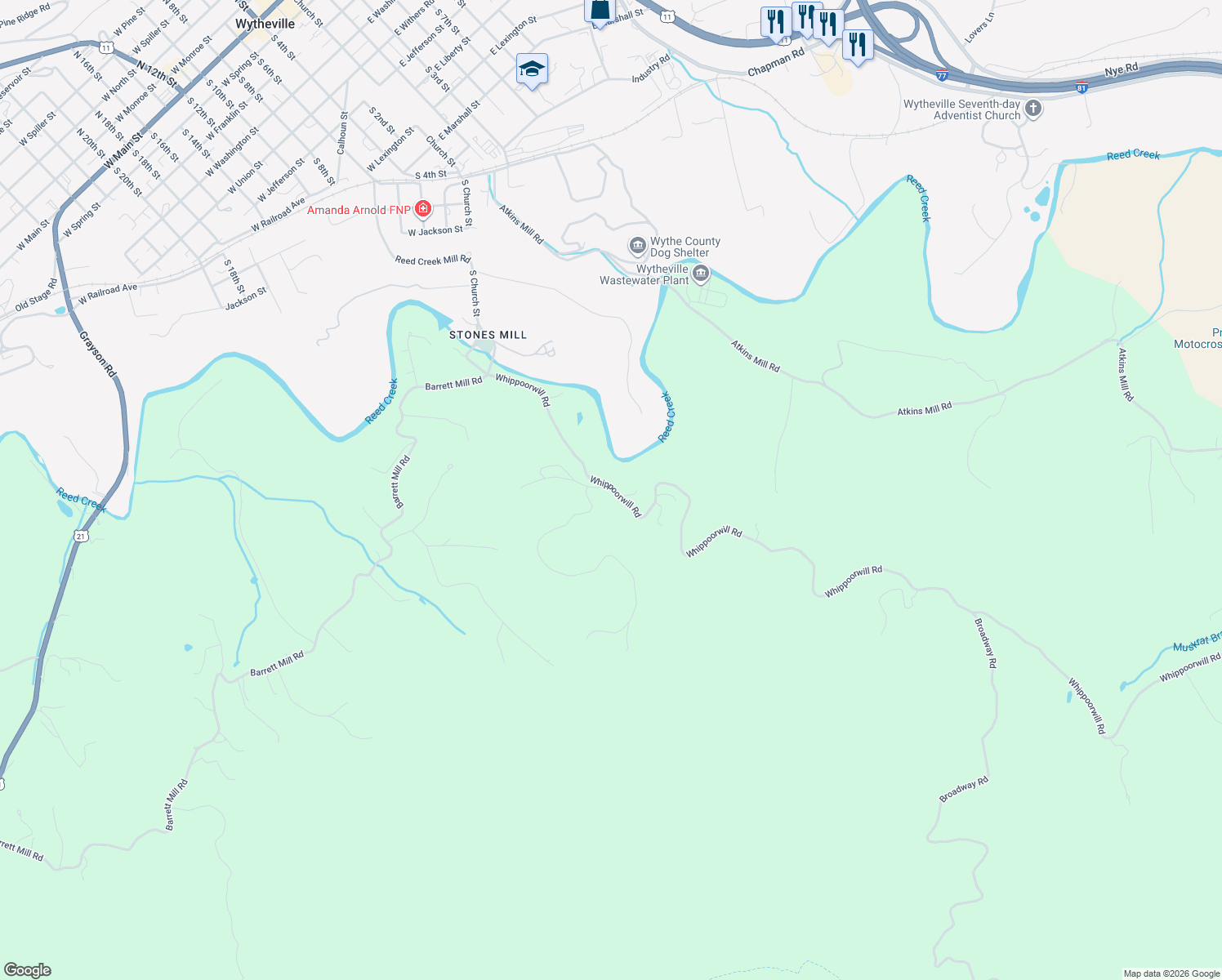 map of restaurants, bars, coffee shops, grocery stores, and more near 1881-1923 Whipoorwill Road in Wytheville
