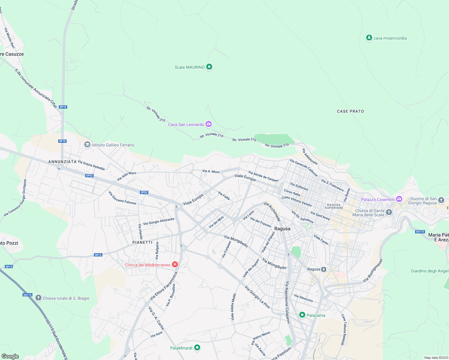 map of restaurants, bars, coffee shops, grocery stores, and more near 300 Viale Europa in Ragusa