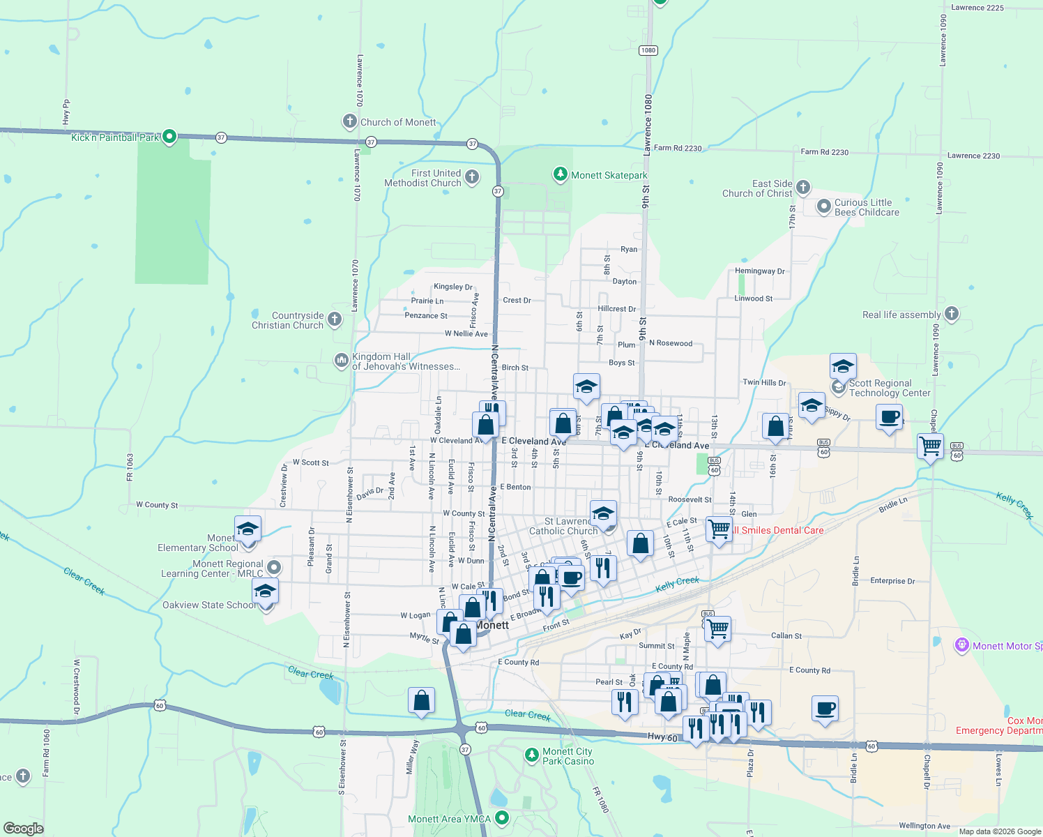 map of restaurants, bars, coffee shops, grocery stores, and more near 1011 3rd Street in Monett