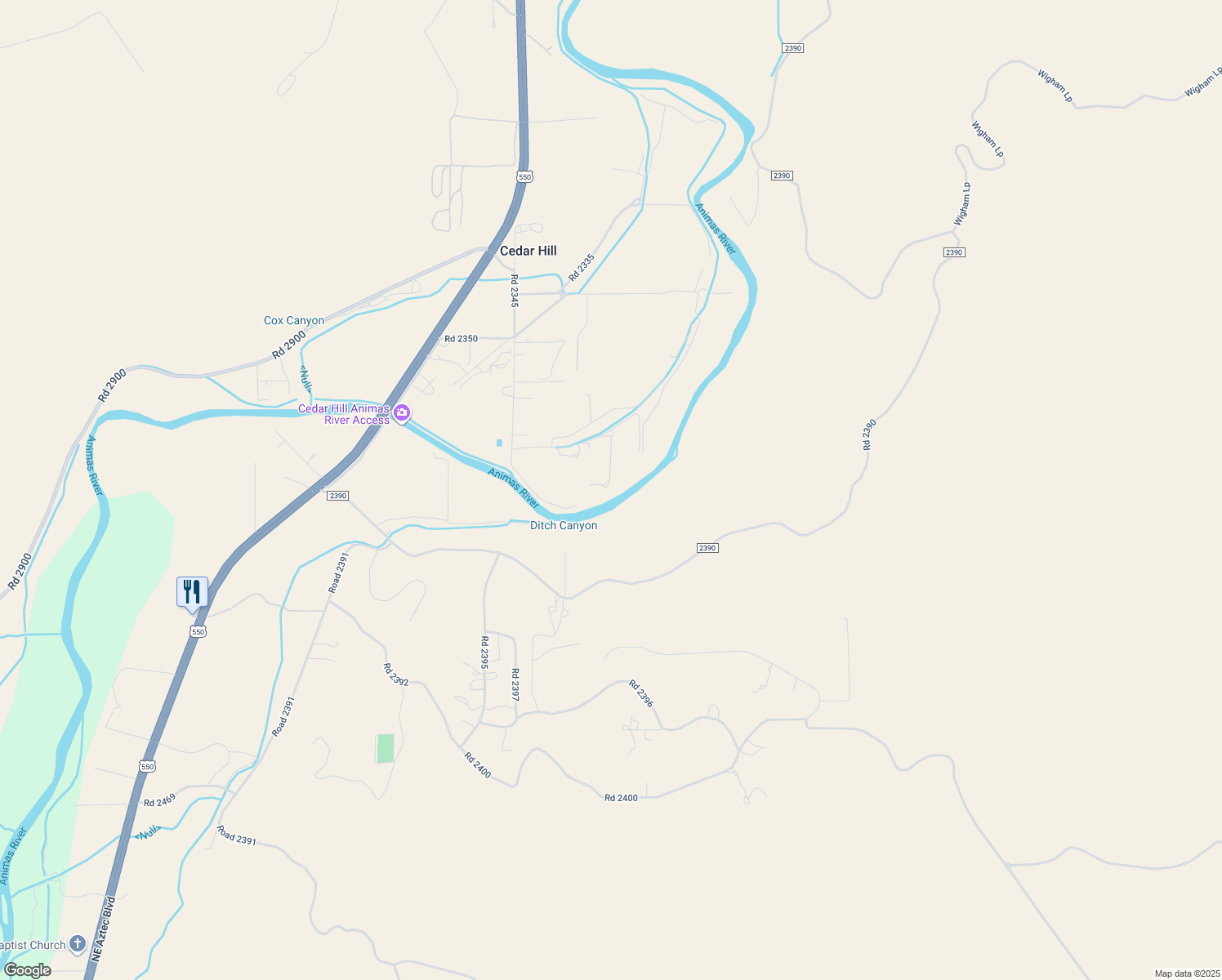 map of restaurants, bars, coffee shops, grocery stores, and more near 39 Road 2360 in Aztec