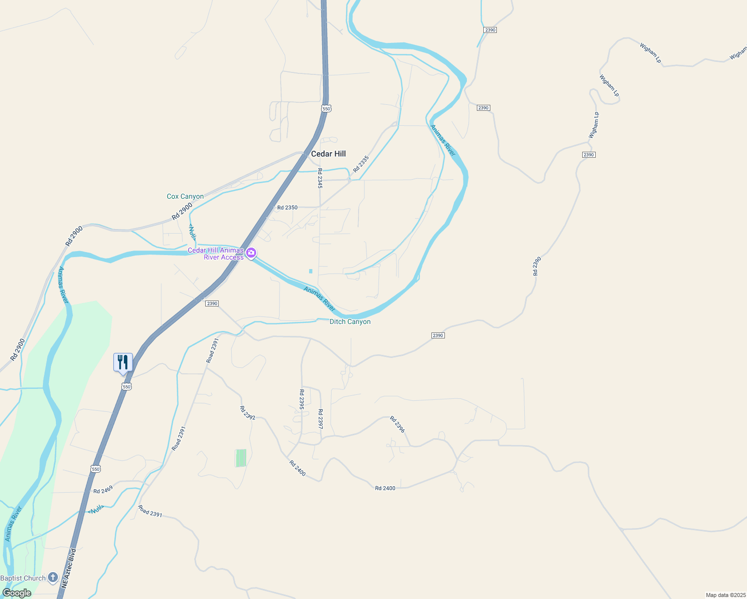 map of restaurants, bars, coffee shops, grocery stores, and more near 39 Road 2360 in Aztec