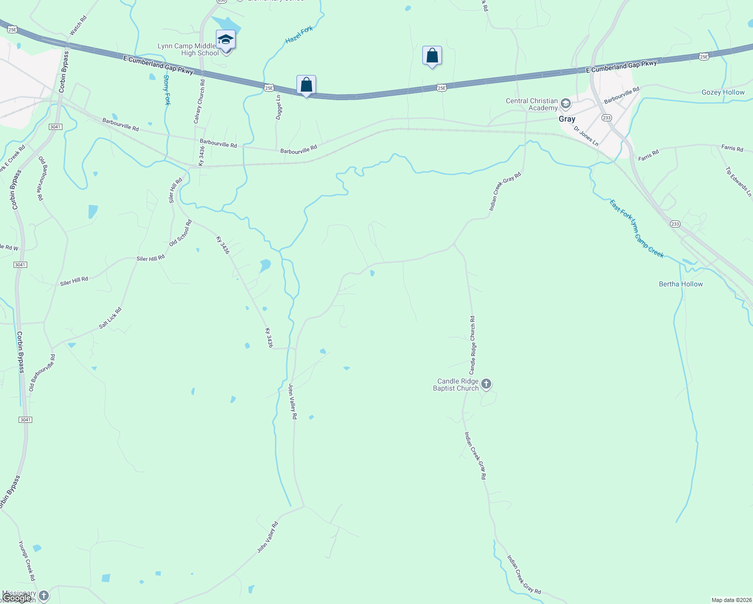 map of restaurants, bars, coffee shops, grocery stores, and more near Woods Hollow Road in Corbin
