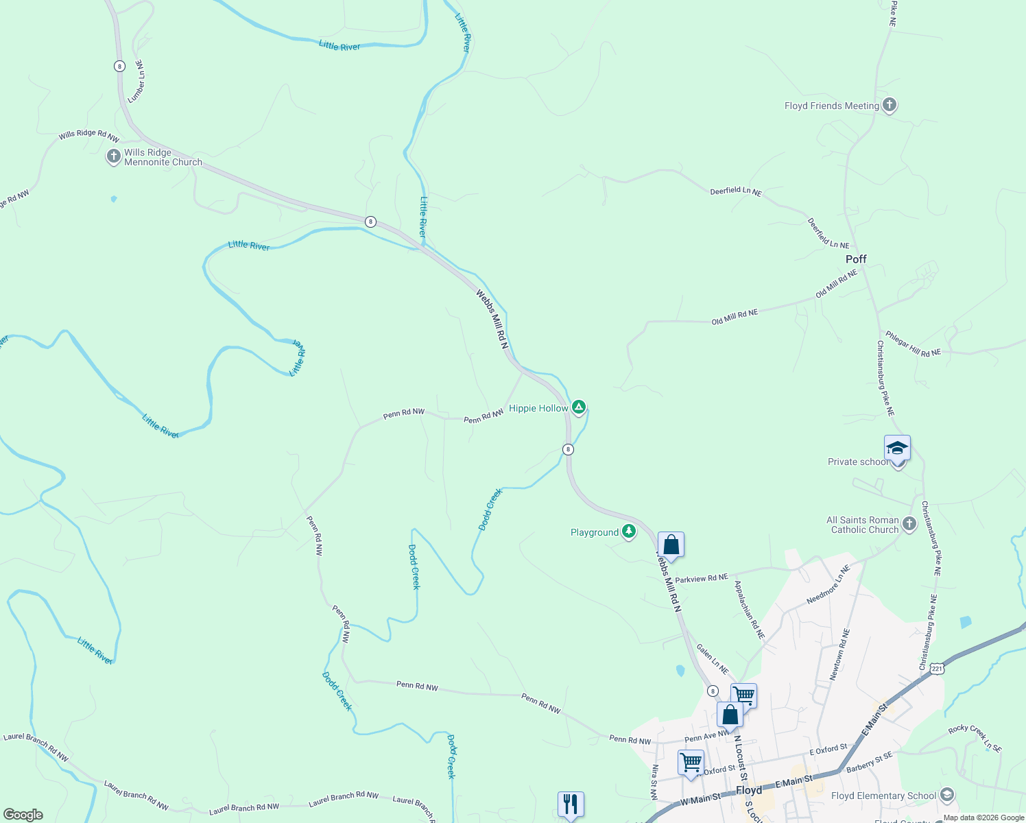 map of restaurants, bars, coffee shops, grocery stores, and more near 1478 Penn Rd NW in Floyd