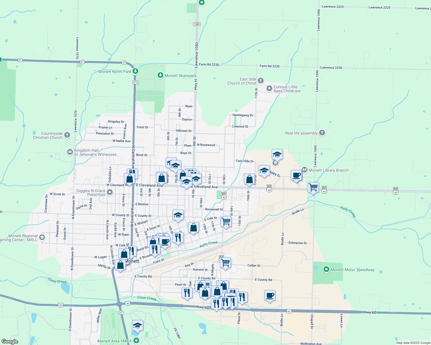 map of restaurants, bars, coffee shops, grocery stores, and more near 910 12th Street in Monett