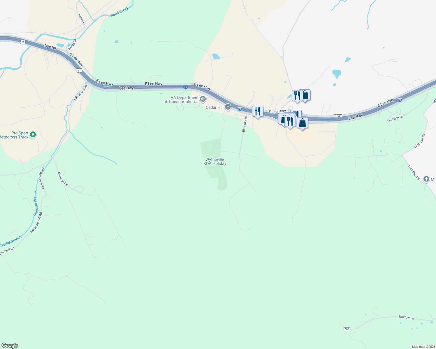 map of restaurants, bars, coffee shops, grocery stores, and more near 351 Blue Sky Drive in Wytheville
