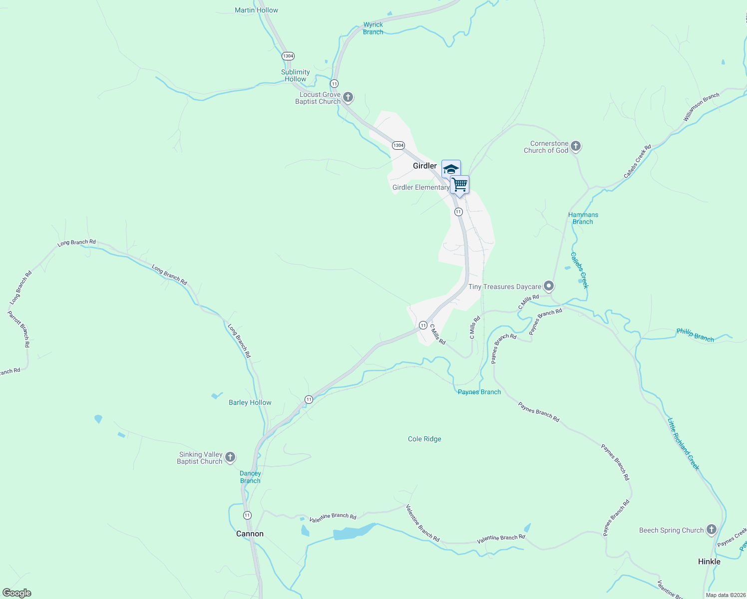 map of restaurants, bars, coffee shops, grocery stores, and more near 313 Hughes Branch Road in Cannon