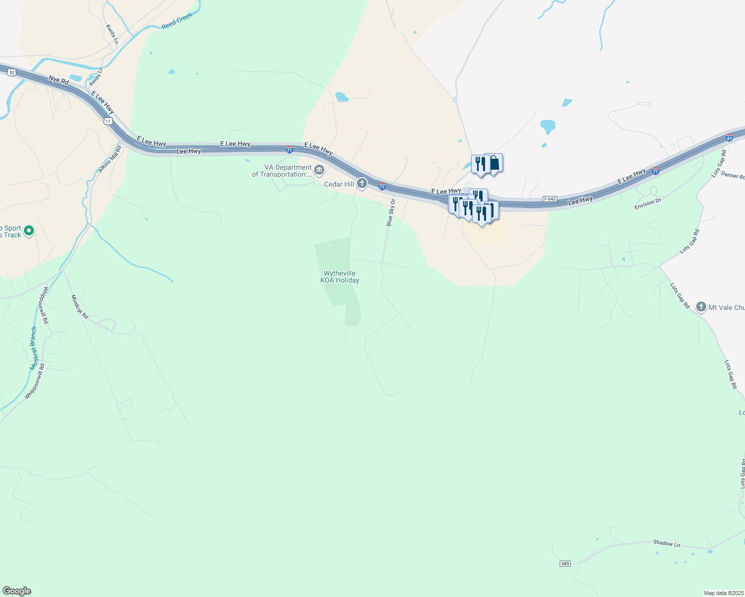 map of restaurants, bars, coffee shops, grocery stores, and more near 351 Blue Sky Drive in Wytheville