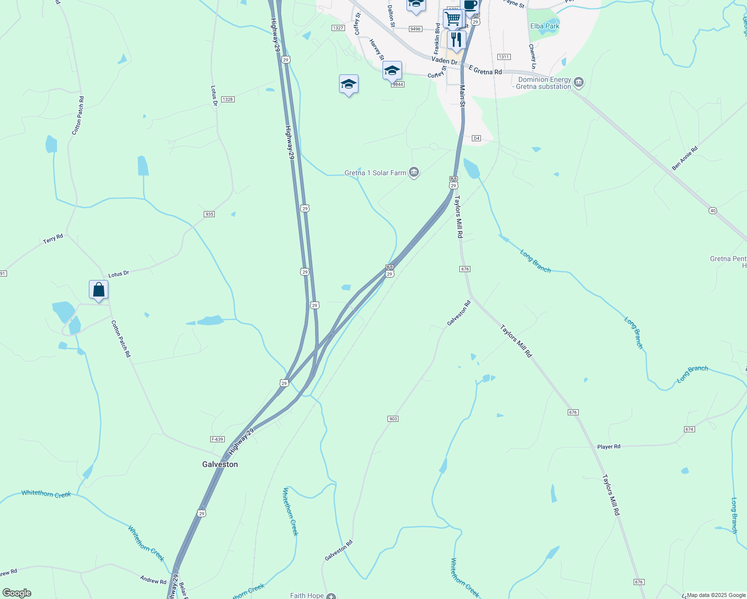 map of restaurants, bars, coffee shops, grocery stores, and more near 1885 South Main Street in Gretna