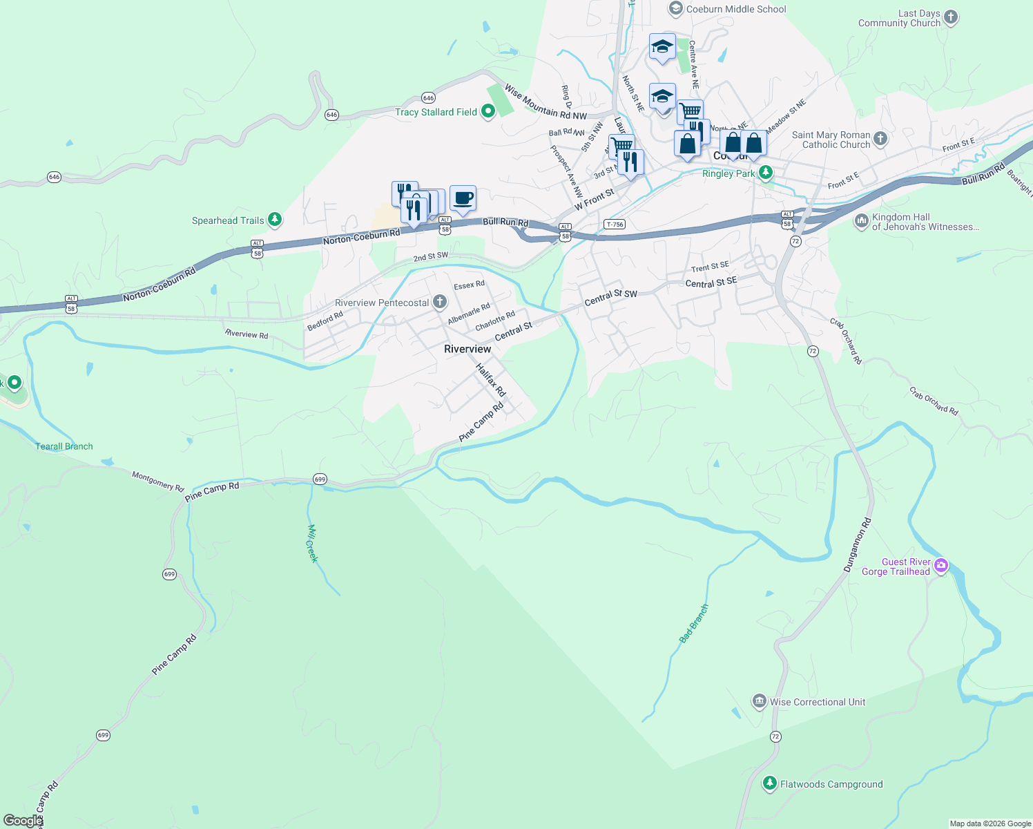 map of restaurants, bars, coffee shops, grocery stores, and more near Cambridge Road in Coeburn