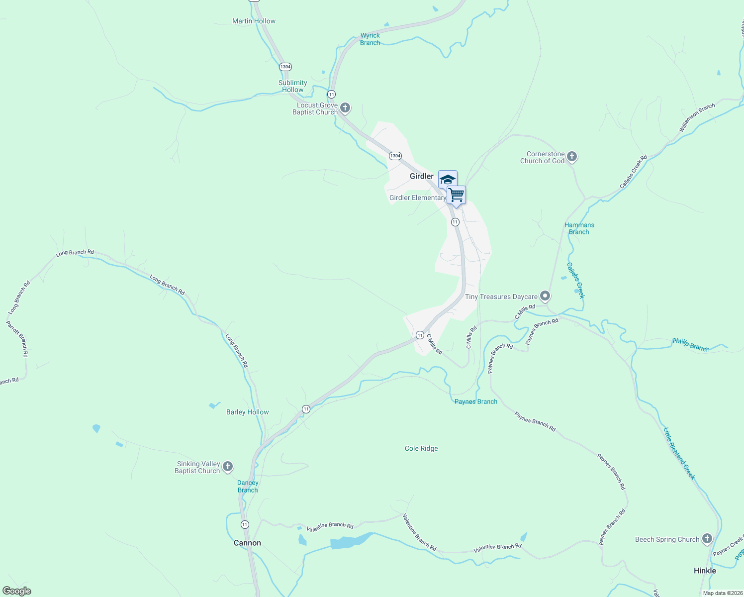 map of restaurants, bars, coffee shops, grocery stores, and more near 313 Hughes Branch Road in Cannon