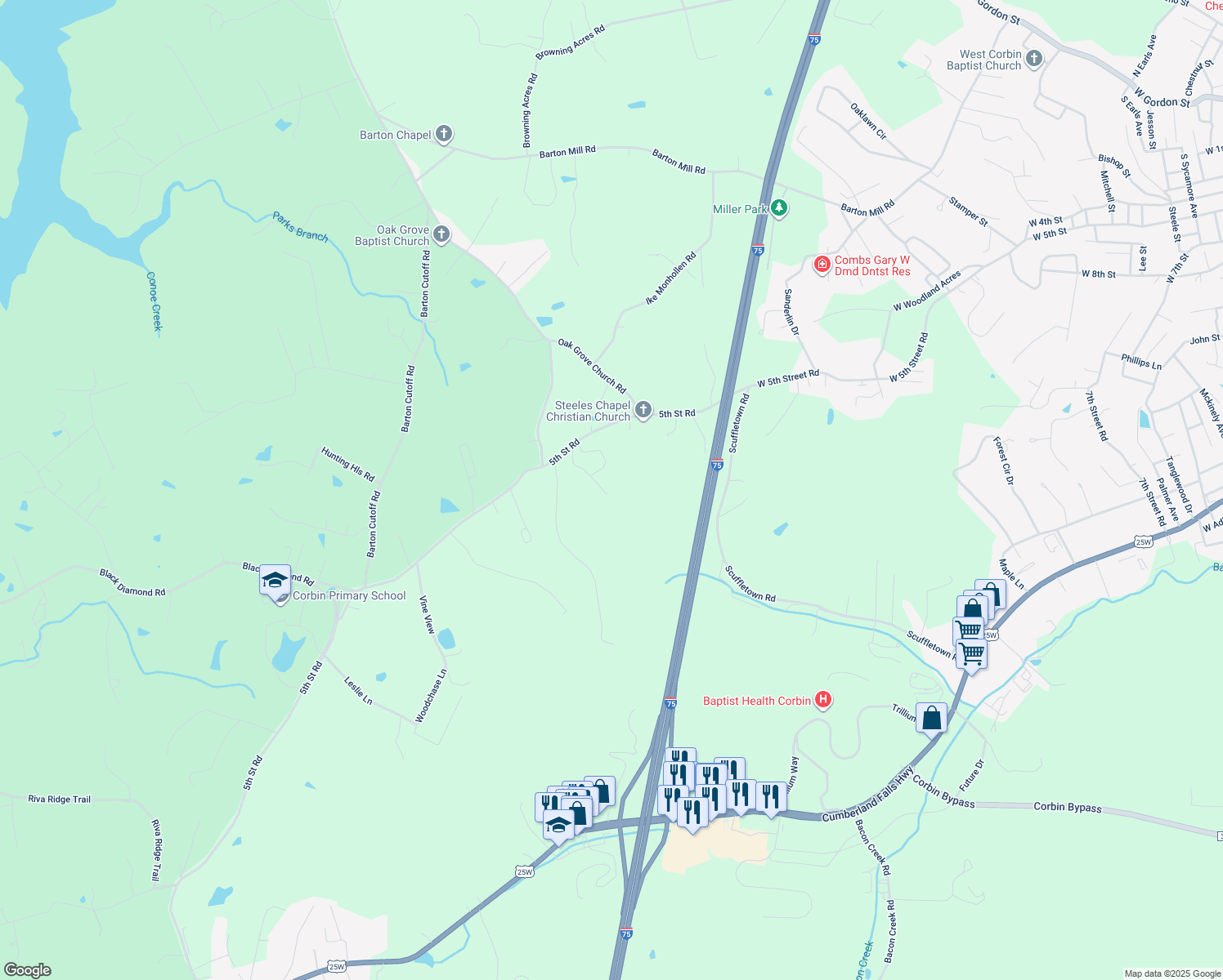 map of restaurants, bars, coffee shops, grocery stores, and more near 175 Les Campbell Lane in Corbin
