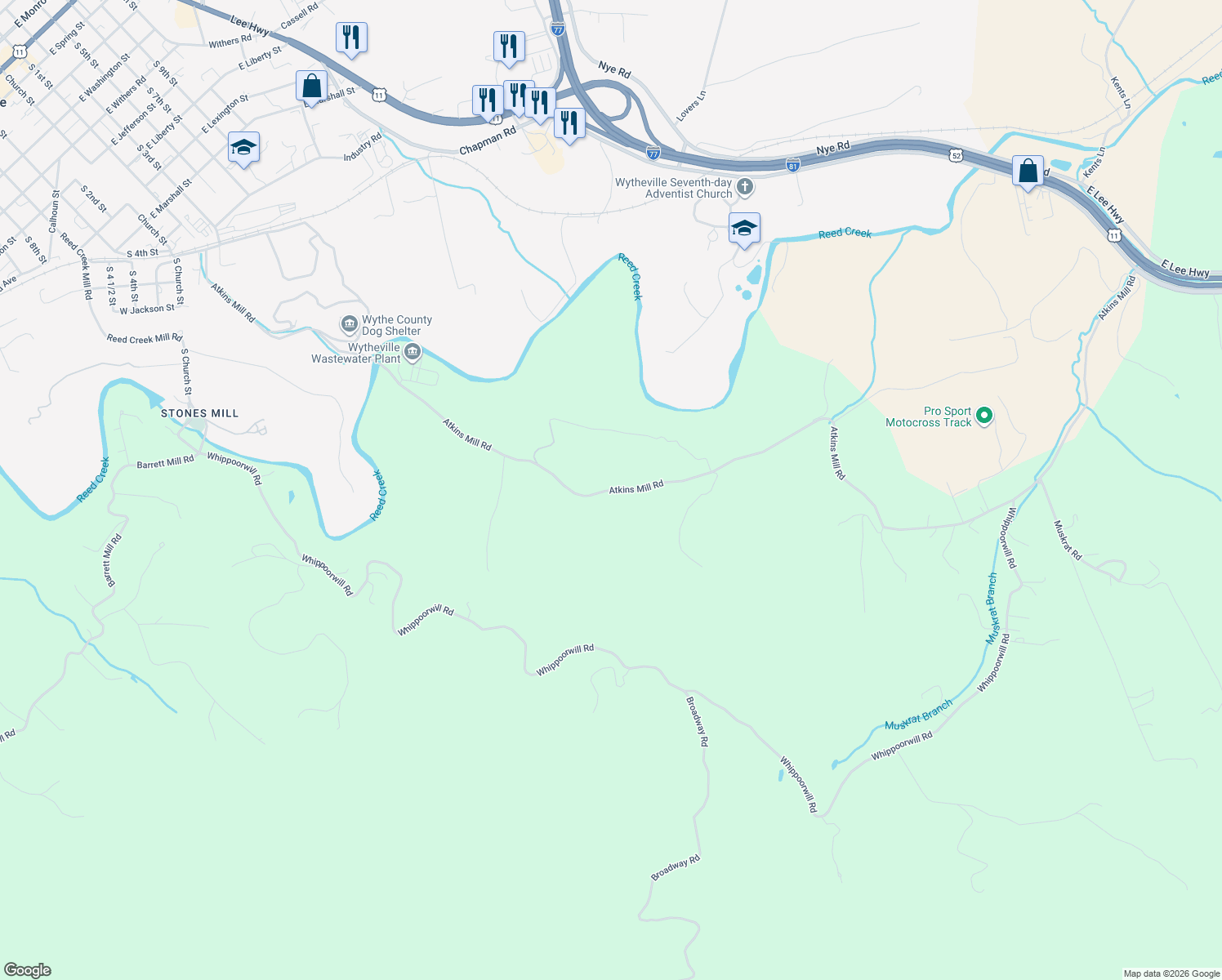 map of restaurants, bars, coffee shops, grocery stores, and more near Atkins Mill Road in Wytheville