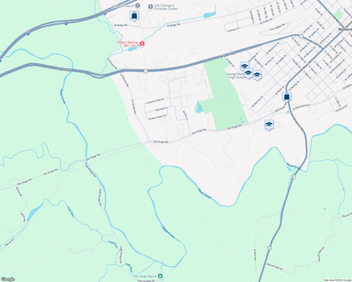 map of restaurants, bars, coffee shops, grocery stores, and more near 1380 Old Stage Road in Wytheville