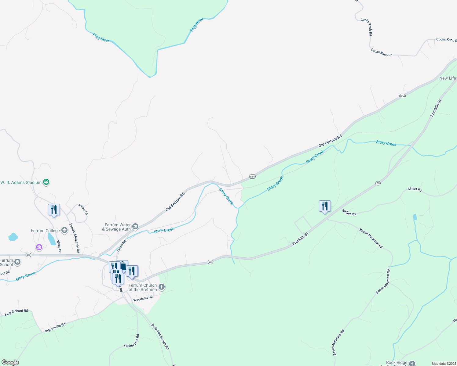 map of restaurants, bars, coffee shops, grocery stores, and more near 1225 Old Ferrum Road in Ferrum