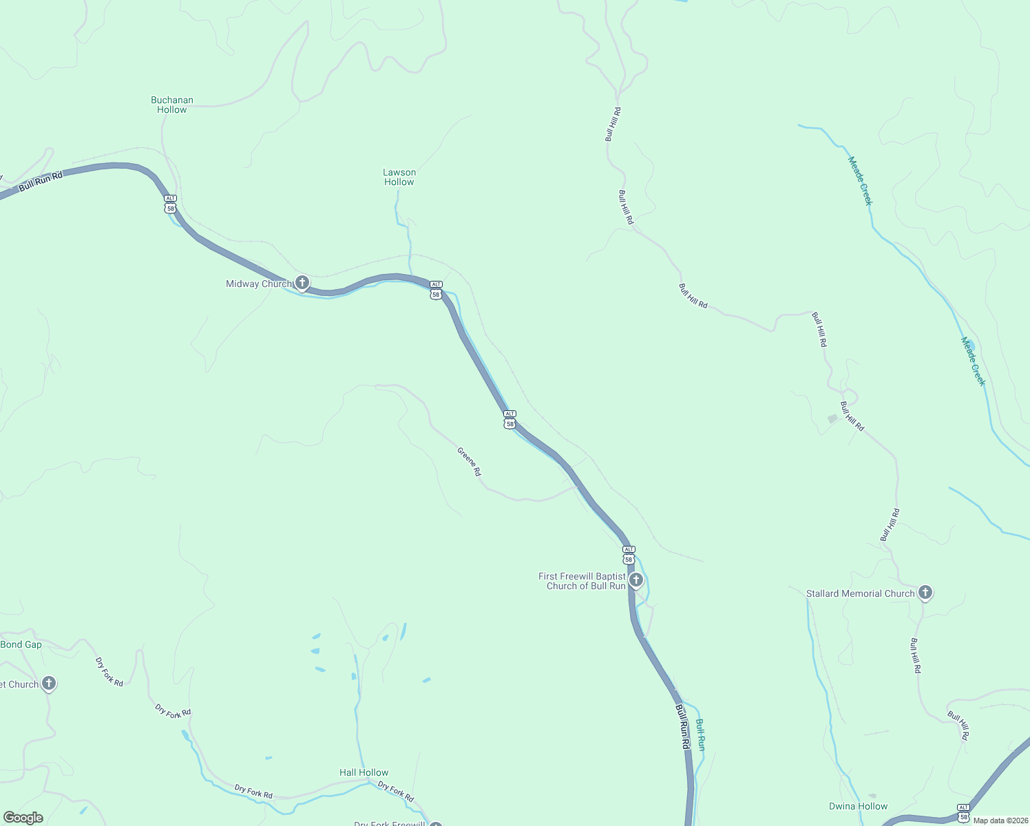 map of restaurants, bars, coffee shops, grocery stores, and more near 14233 Bull Run Road in Coeburn