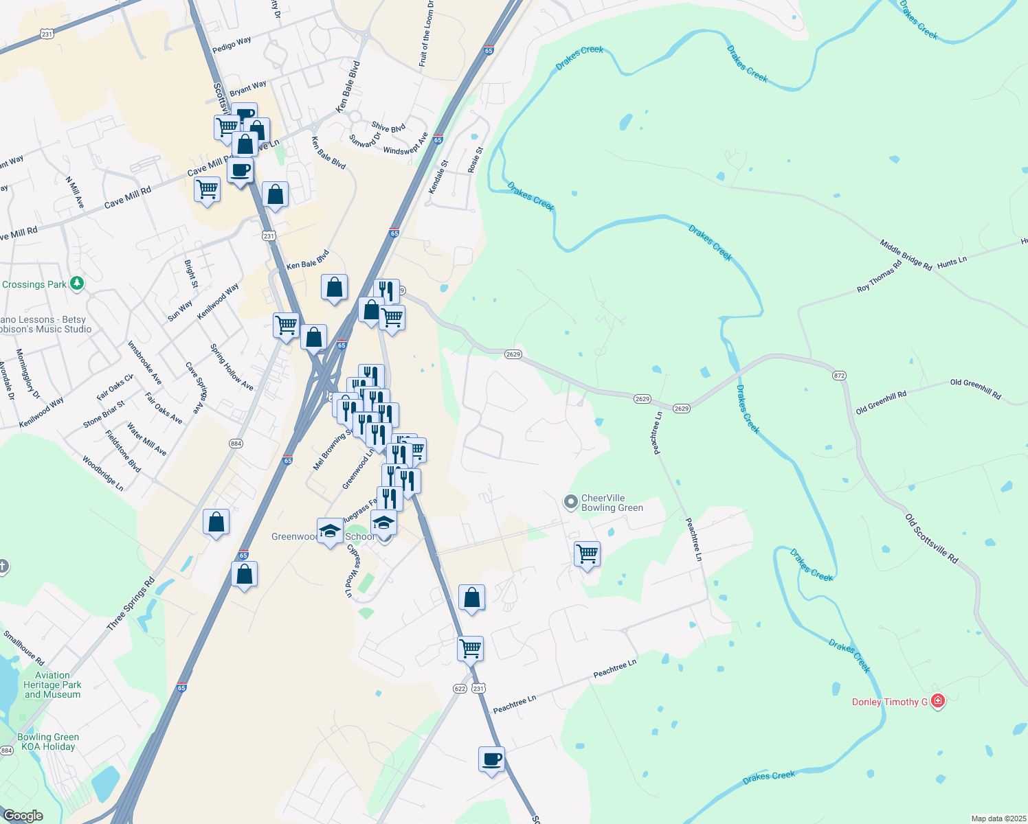 map of restaurants, bars, coffee shops, grocery stores, and more near 107 Huntsman Cir in Bowling Green