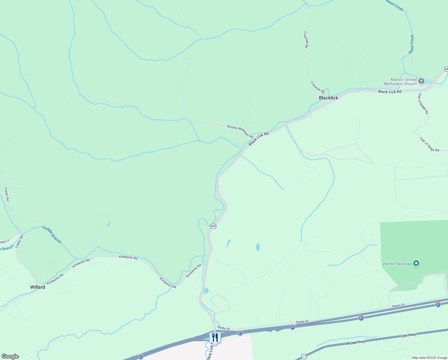 map of restaurants, bars, coffee shops, grocery stores, and more near Blacklick Road in Rural Retreat