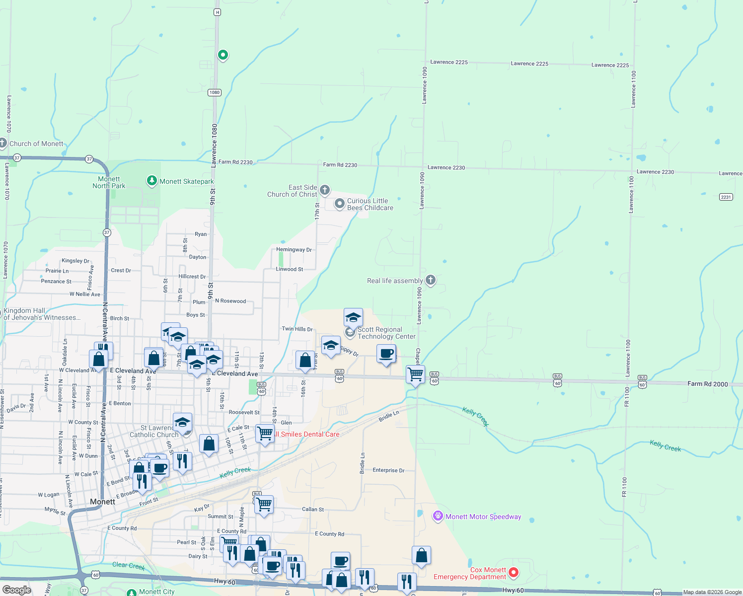 map of restaurants, bars, coffee shops, grocery stores, and more near 1214 Woodland Ridge Drive in Monett
