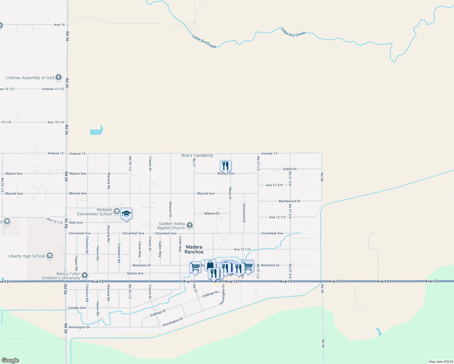map of restaurants, bars, coffee shops, grocery stores, and more near 12778 Mesa Dr in Madera