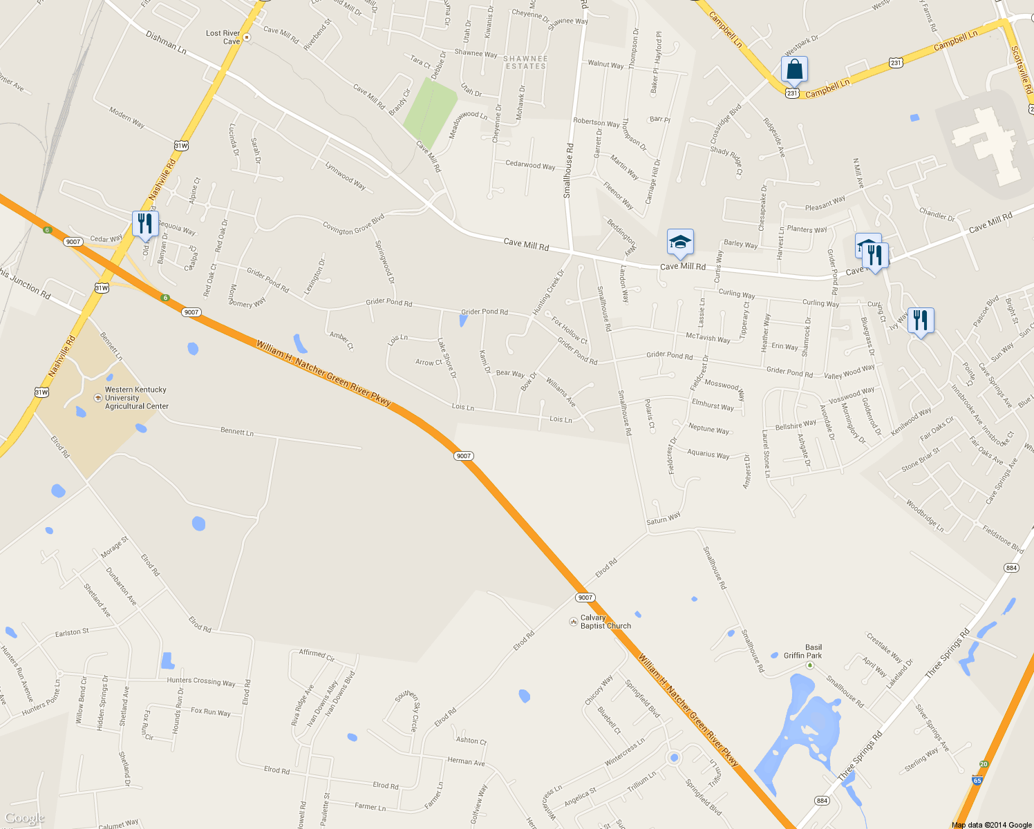 map of restaurants, bars, coffee shops, grocery stores, and more near 1199 Lois Lane in Bowling Green