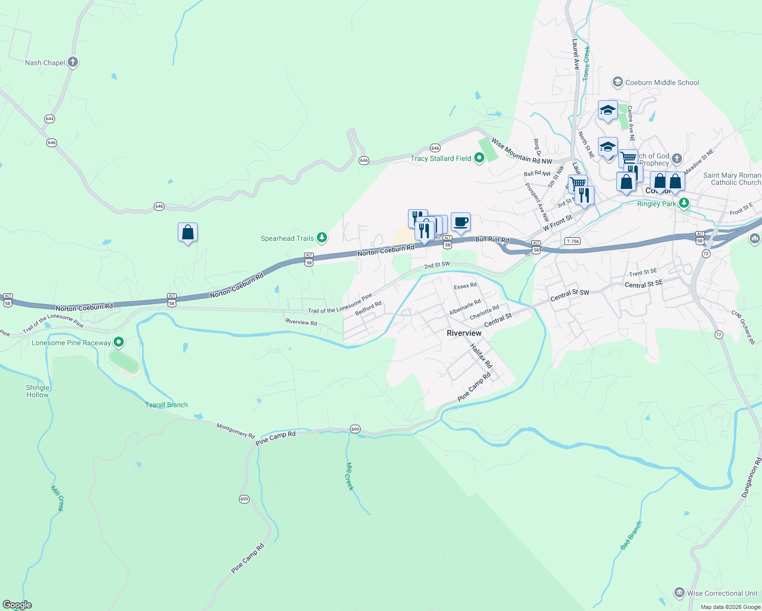 map of restaurants, bars, coffee shops, grocery stores, and more near 11436-11458 Bedford Road in Coeburn