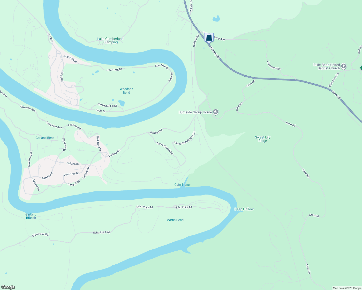 map of restaurants, bars, coffee shops, grocery stores, and more near 180 Caney Branch Spur Road in Burnside